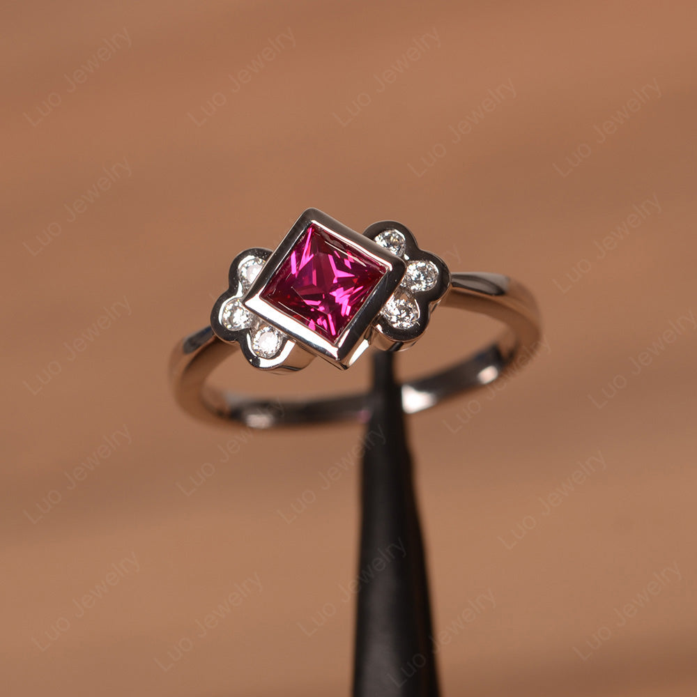 Dainty Ruby Ring Princess Cut Bezel Set - LUO Jewelry