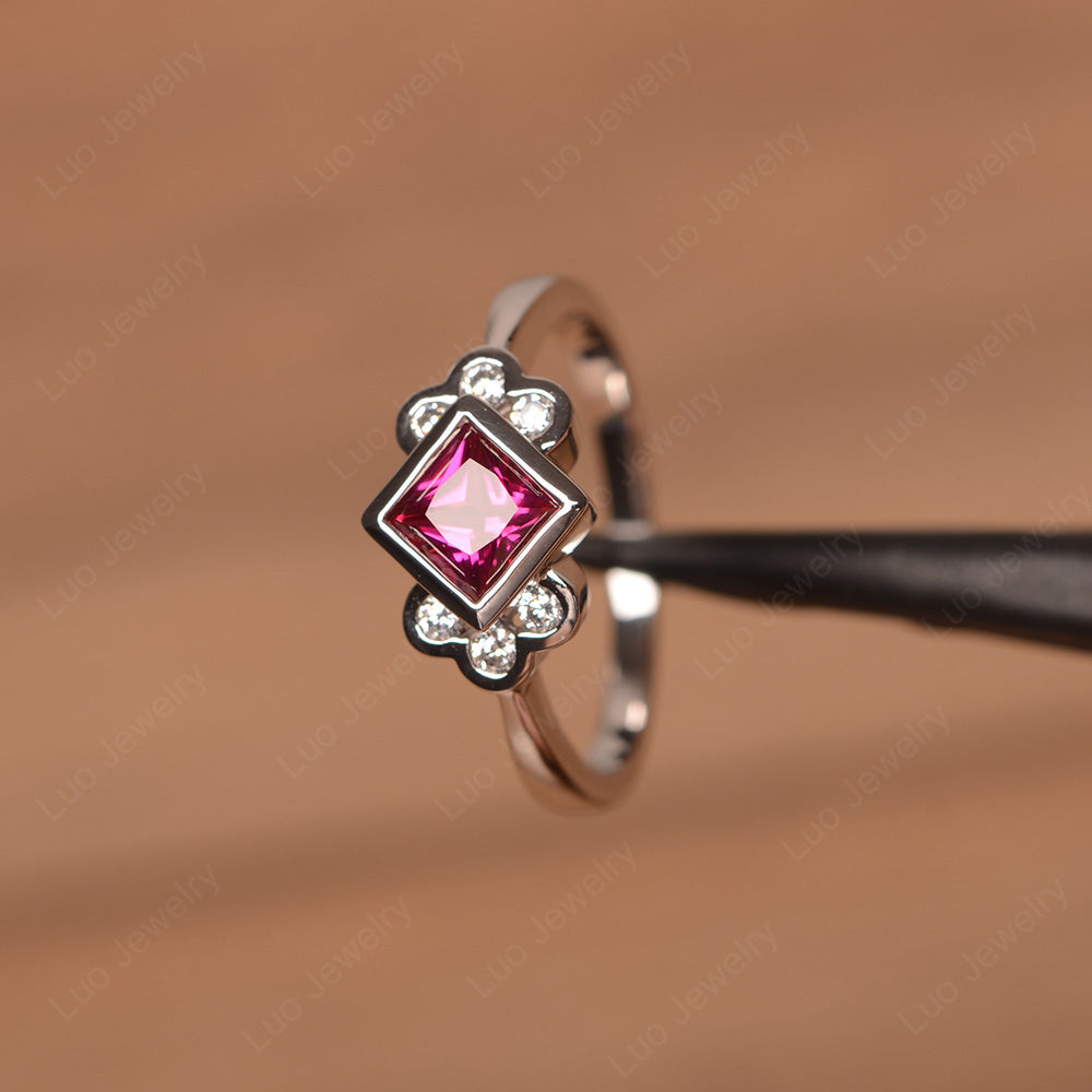 Dainty Ruby Ring Princess Cut Bezel Set - LUO Jewelry