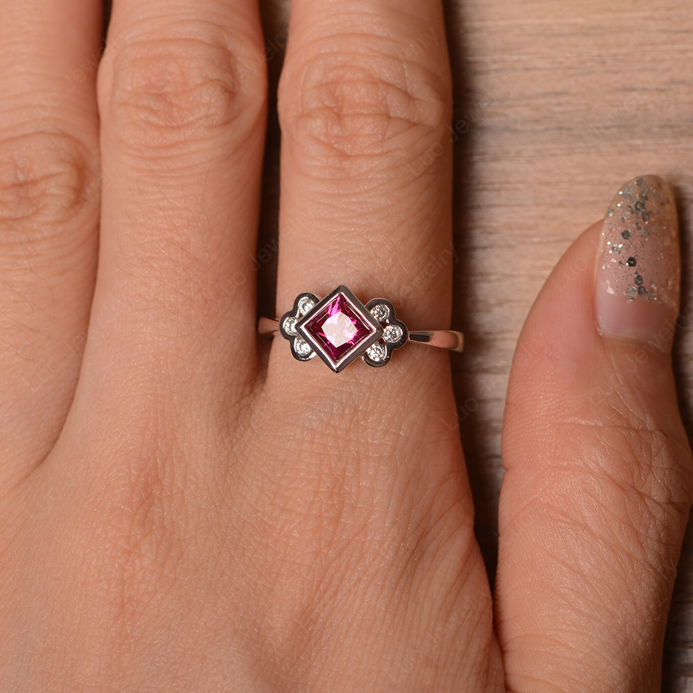 Dainty Ruby Ring Princess Cut Bezel Set - LUO Jewelry