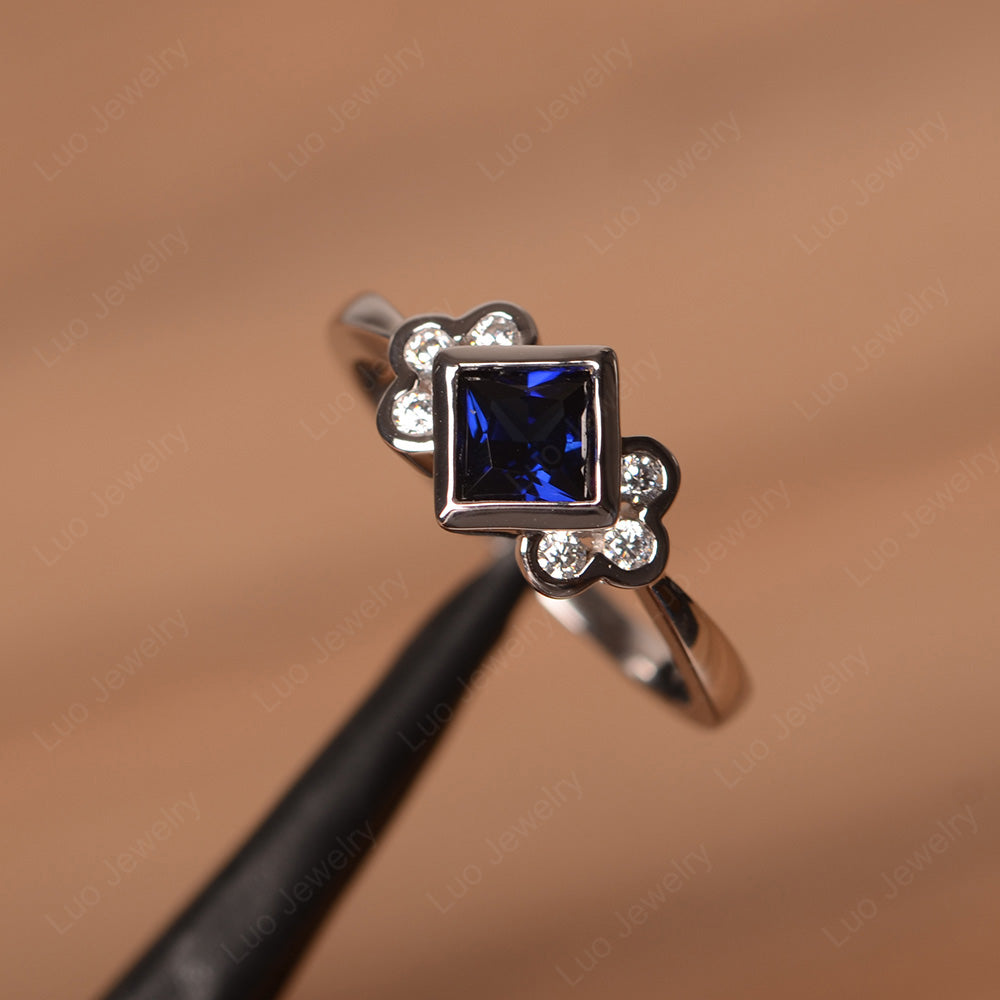 Dainty Lab Sapphire Ring Princess Cut Bezel Set - LUO Jewelry