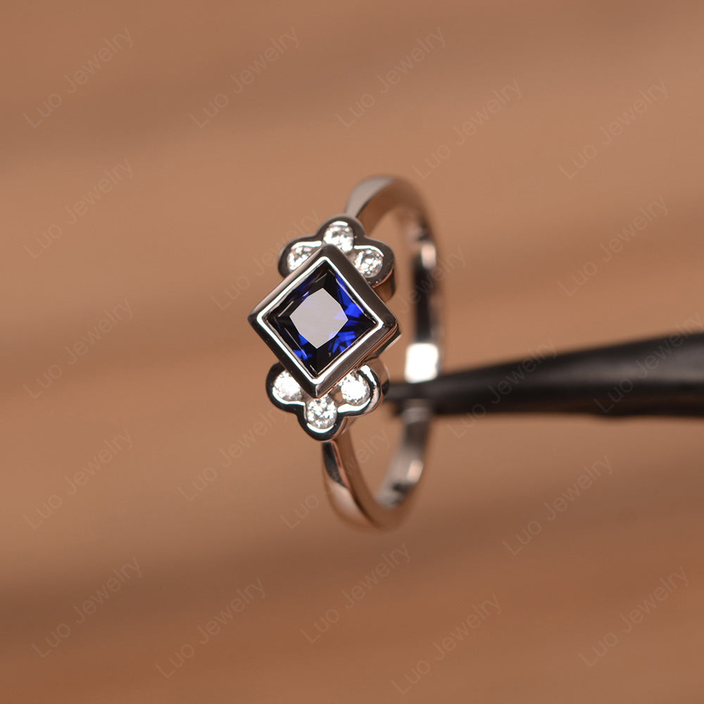 Dainty Lab Sapphire Ring Princess Cut Bezel Set - LUO Jewelry