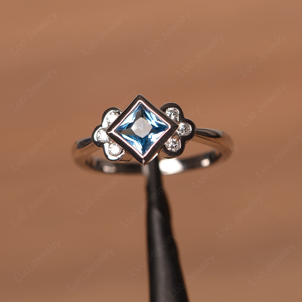 Dainty Swiss Blue Topaz Ring Princess Cut Bezel Set - LUO Jewelry