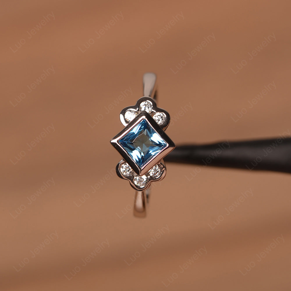 Dainty Swiss Blue Topaz Ring Princess Cut Bezel Set - LUO Jewelry