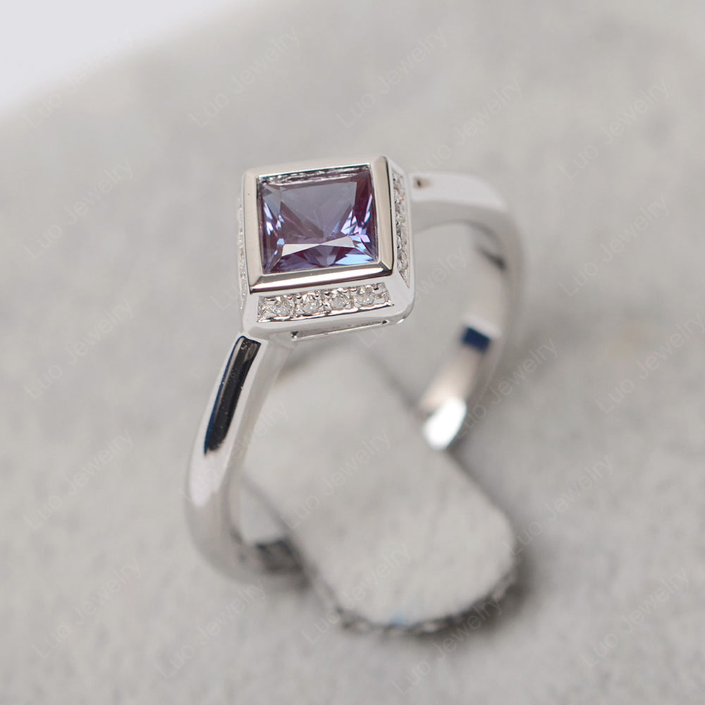 Princess Cut Alexandrite Halo Bezel Set Ring - LUO Jewelry