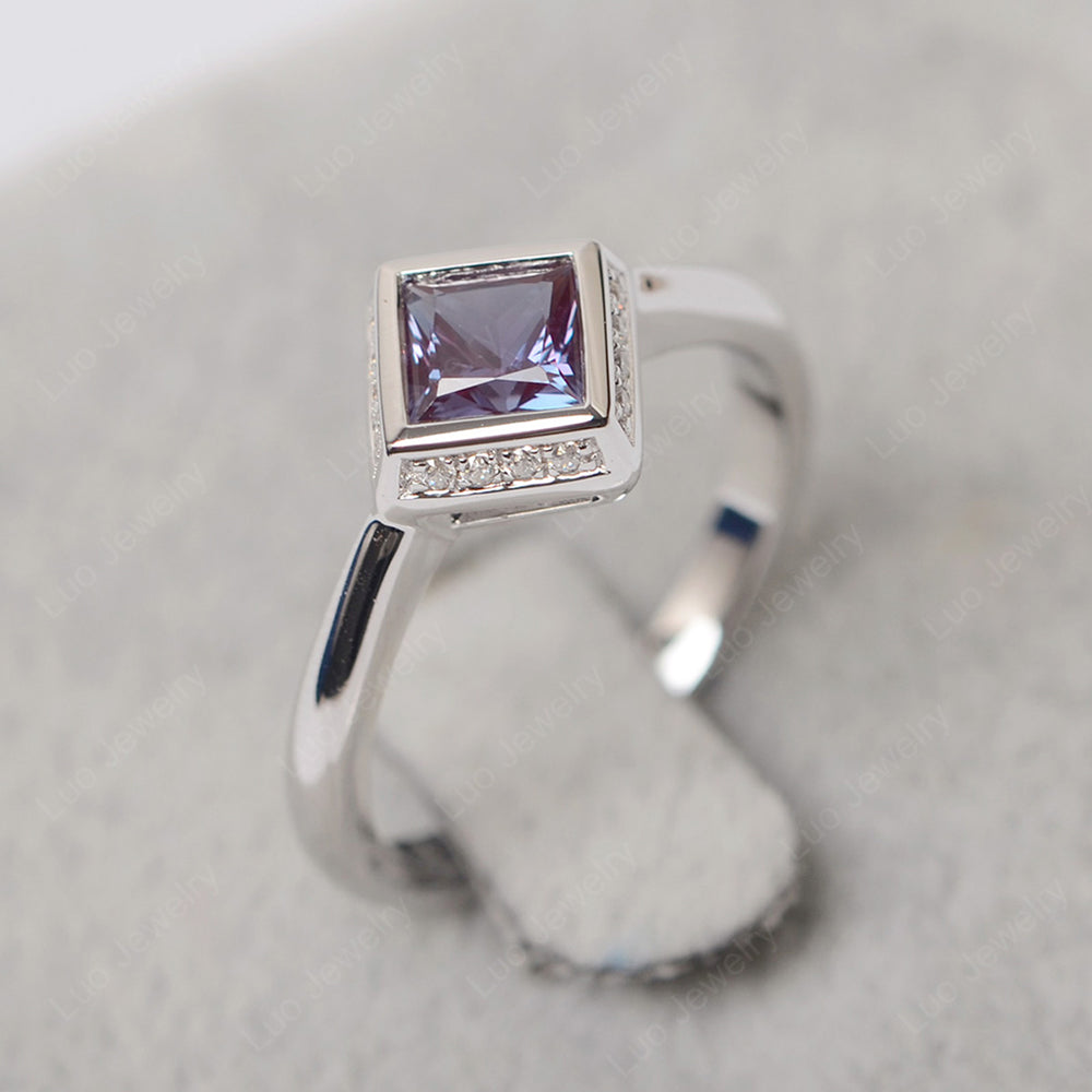 Princess Cut Alexandrite Halo Bezel Set Ring - LUO Jewelry