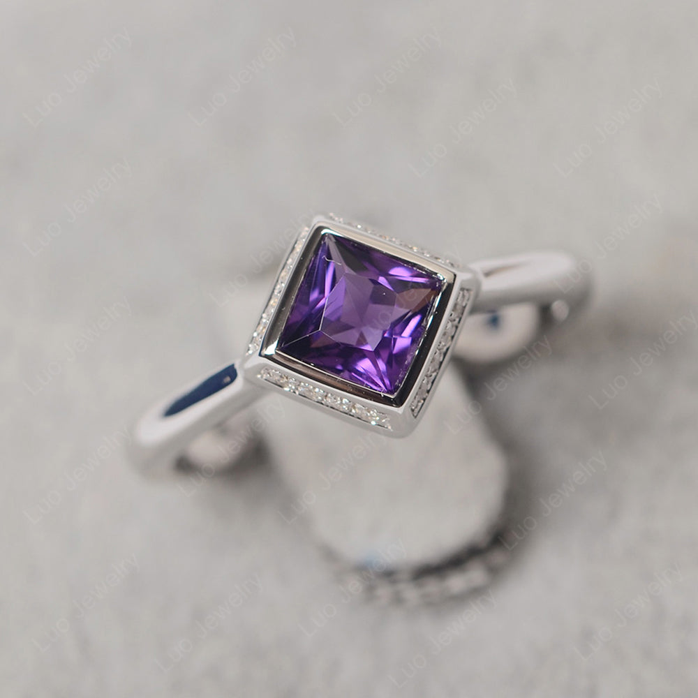 Princess Cut Amethyst Halo Bezel Set Ring - LUO Jewelry