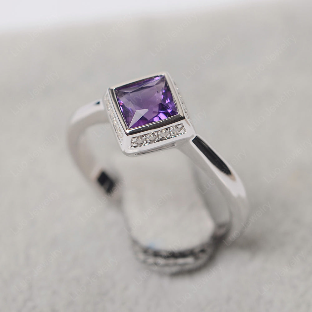 Princess Cut Amethyst Halo Bezel Set Ring - LUO Jewelry