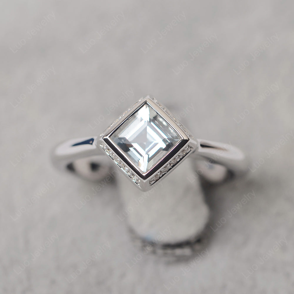 Square Cut Aquamarine Halo Bezel Set Ring - LUO Jewelry