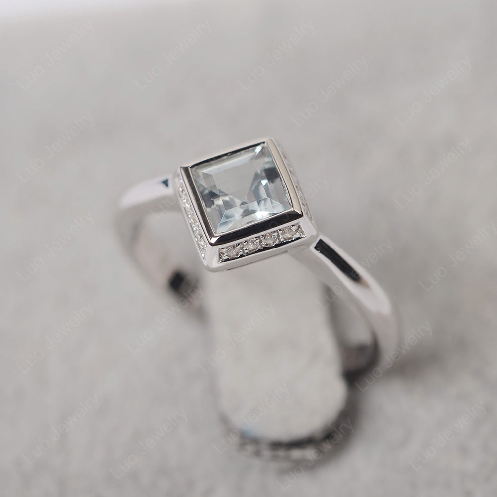 Square Cut Aquamarine Halo Bezel Set Ring - LUO Jewelry