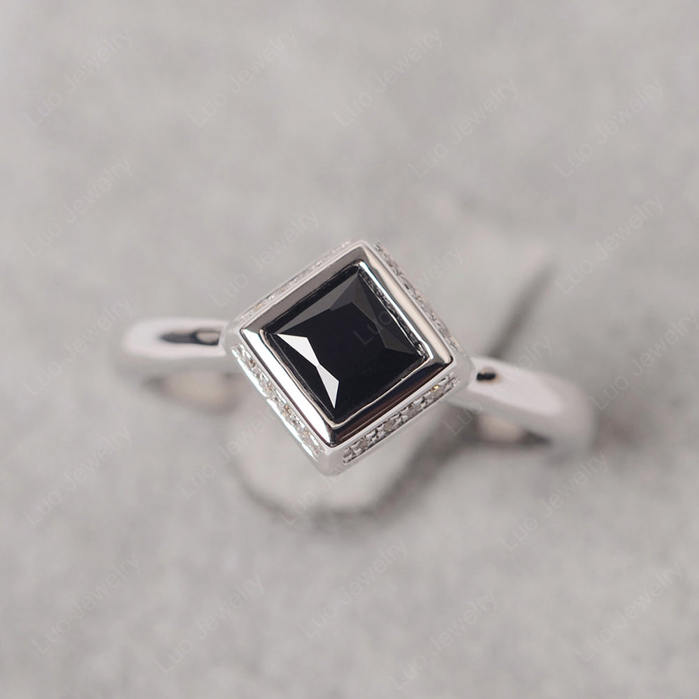 Princess Cut Black Spinel Halo Bezel Set Ring - LUO Jewelry