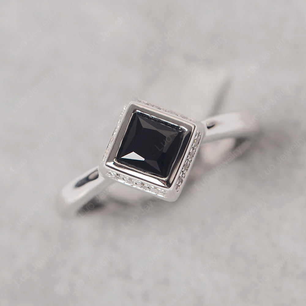 Princess Cut Black Spinel Halo Bezel Set Ring - LUO Jewelry