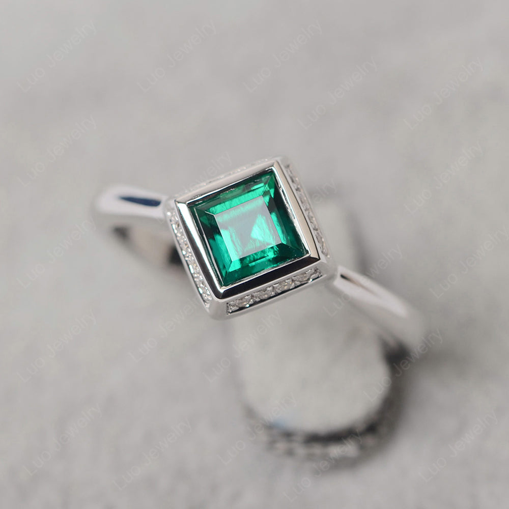 Square Cut Lab Emerald Halo Bezel Set Ring - LUO Jewelry