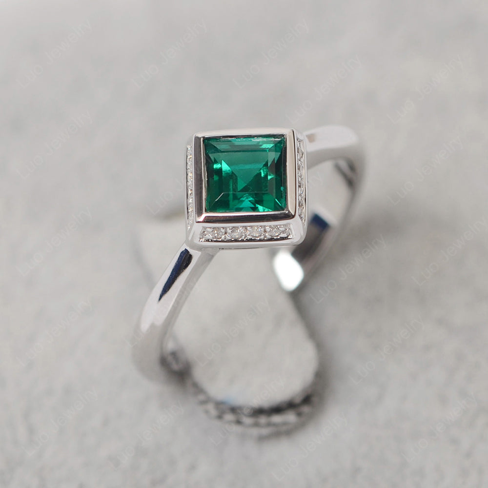 Square Cut Lab Emerald Halo Bezel Set Ring - LUO Jewelry