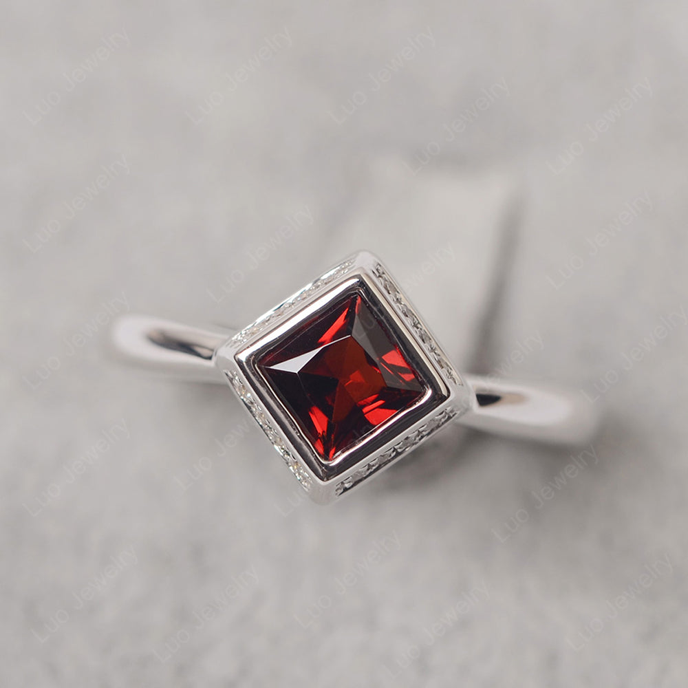 Princess Cut Garnet Halo Bezel Set Ring - LUO Jewelry