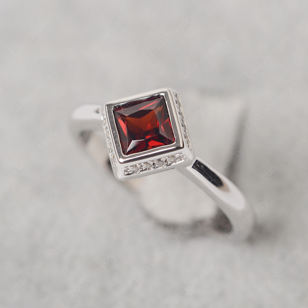 Princess Cut Garnet Halo Bezel Set Ring - LUO Jewelry