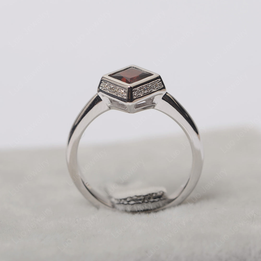 Princess Cut Garnet Halo Bezel Set Ring - LUO Jewelry