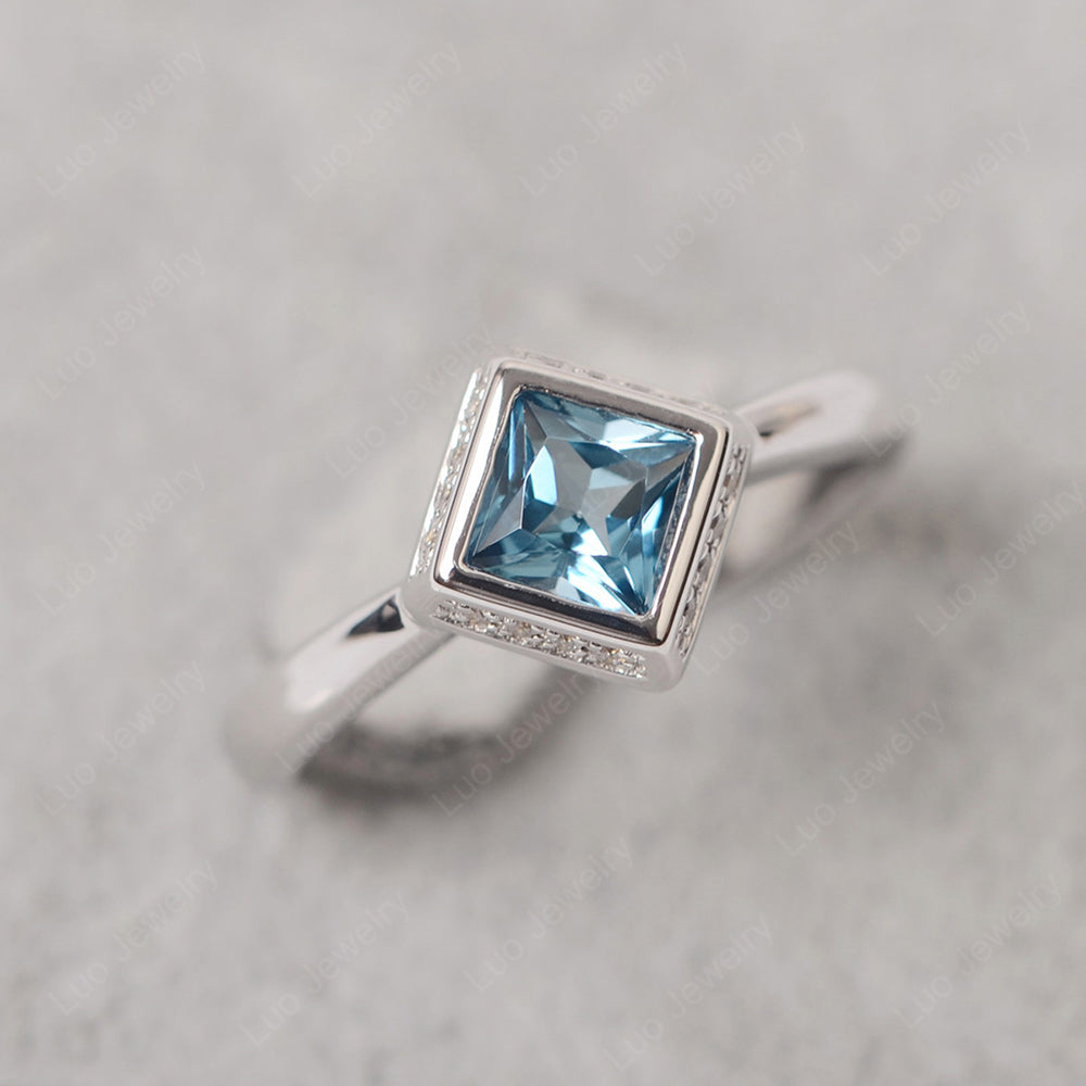 Princess Cut London Blue Topaz Halo Bezel Set Ring - LUO Jewelry
