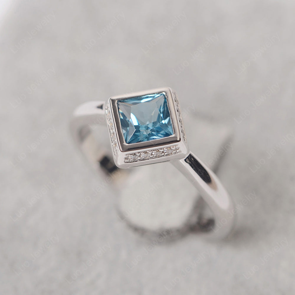Princess Cut London Blue Topaz Halo Bezel Set Ring - LUO Jewelry