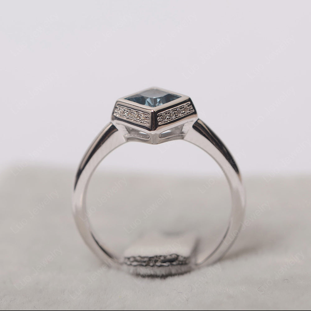 Princess Cut London Blue Topaz Halo Bezel Set Ring - LUO Jewelry