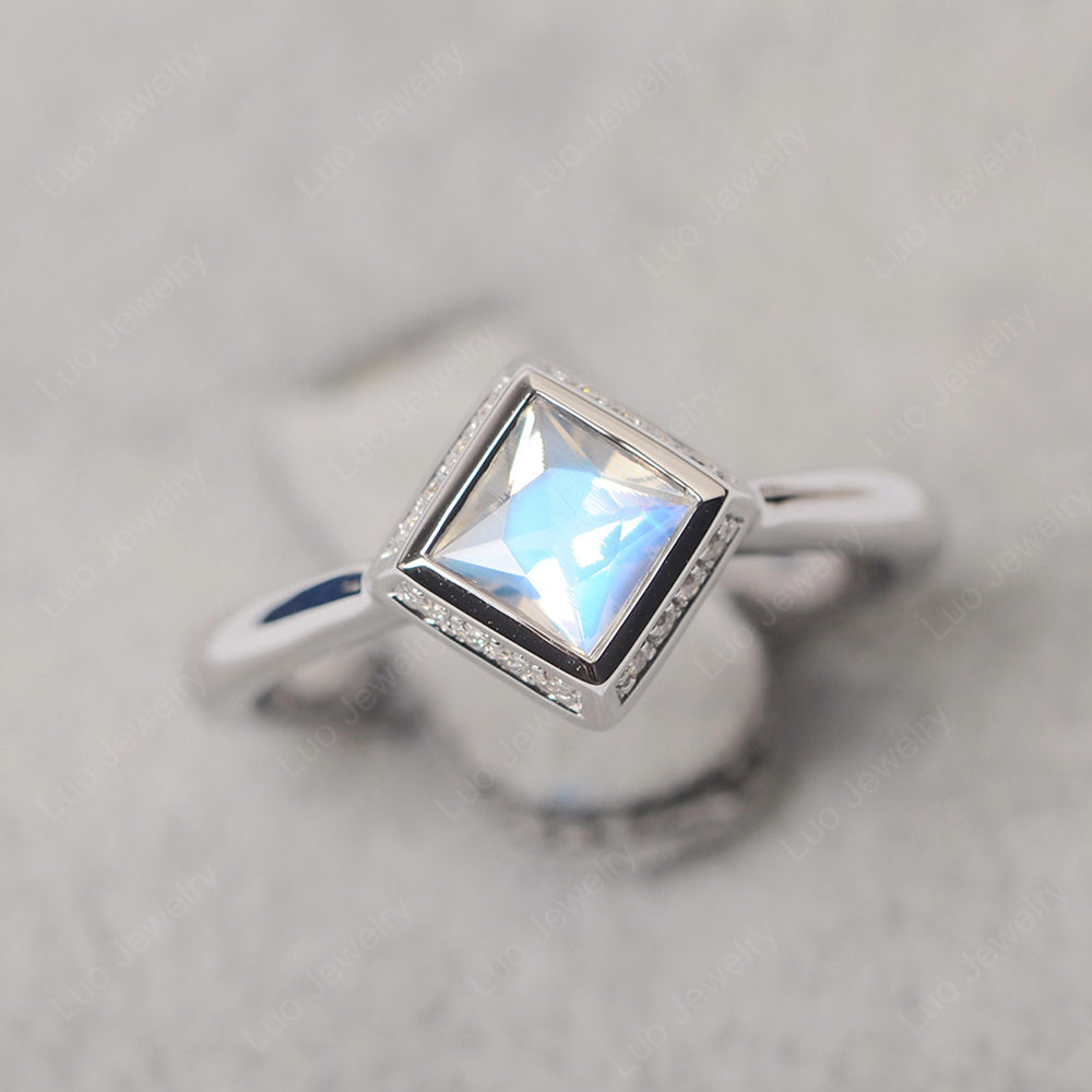 Princess Cut Moonstone Halo Bezel Set Ring - LUO Jewelry