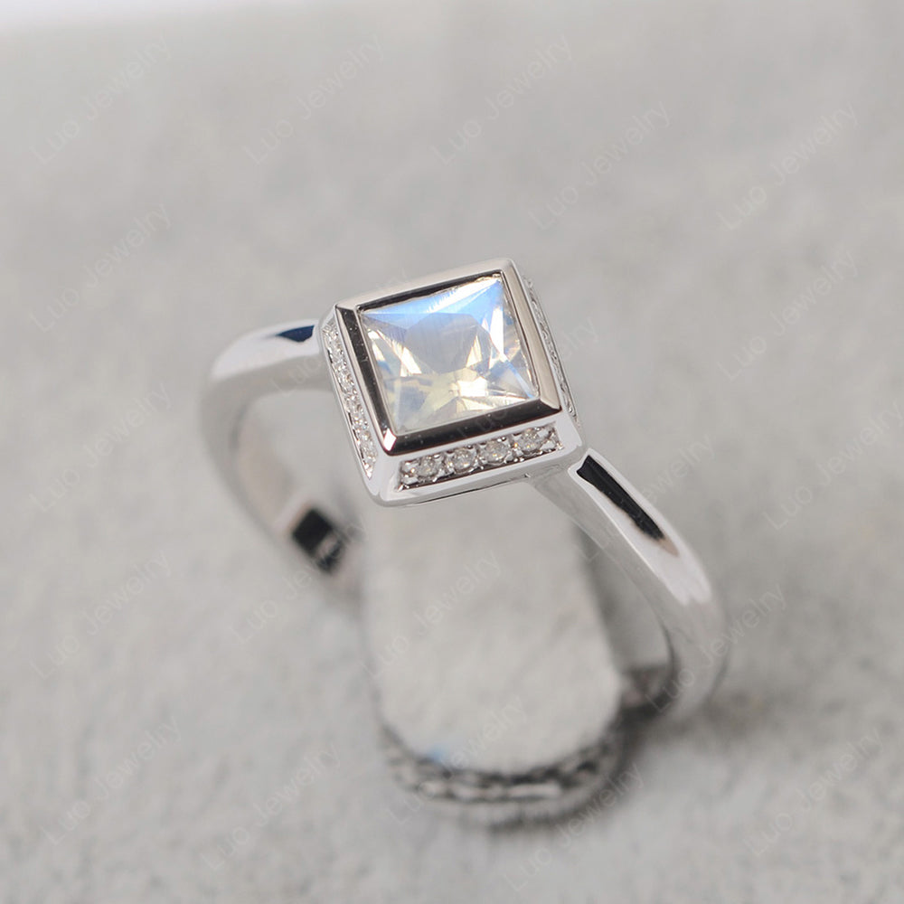 Princess Cut Moonstone Halo Bezel Set Ring - LUO Jewelry