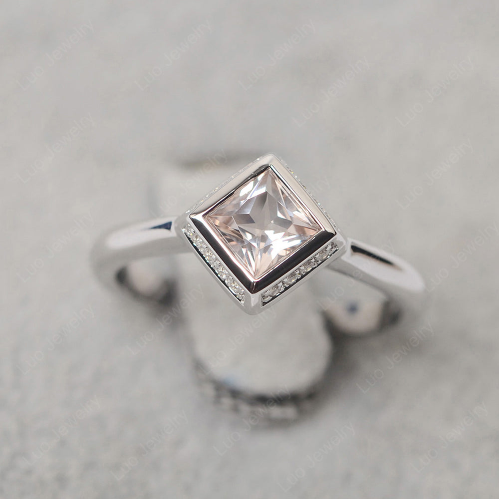 Princess Cut Morganite Halo Bezel Set Ring - LUO Jewelry