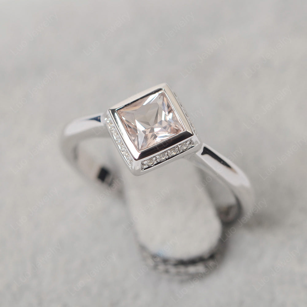 Princess Cut Morganite Halo Bezel Set Ring - LUO Jewelry