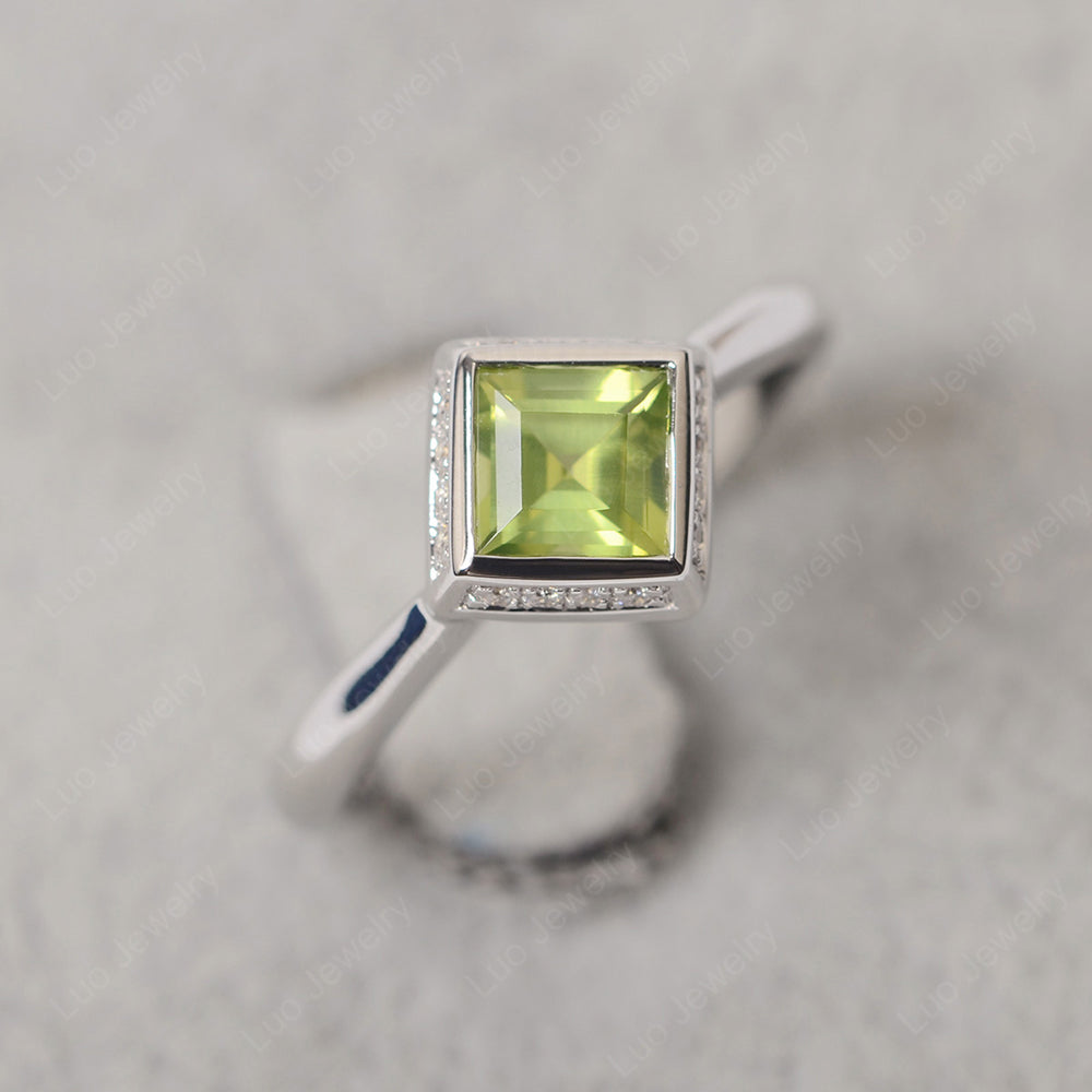 Square Cut Peridot Halo Bezel Set Ring - LUO Jewelry