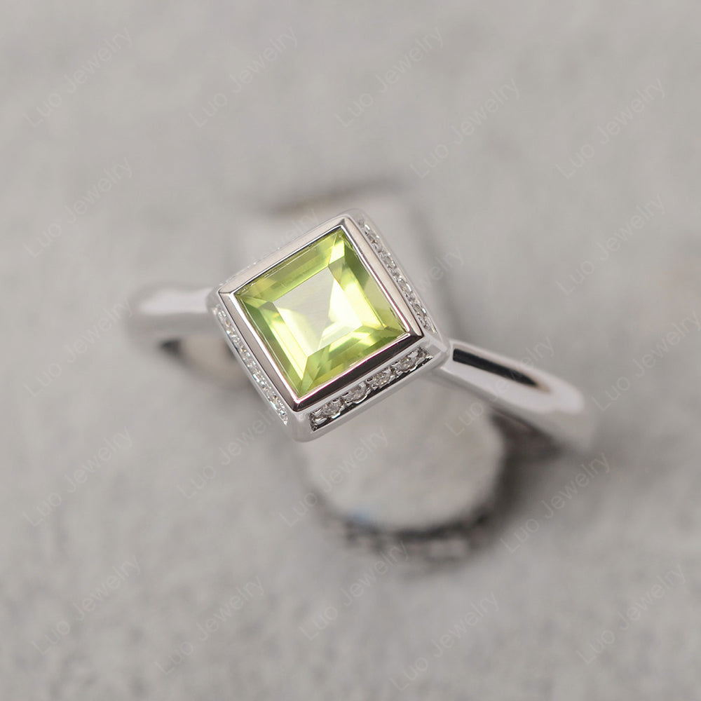 Square Cut Peridot Halo Bezel Set Ring - LUO Jewelry