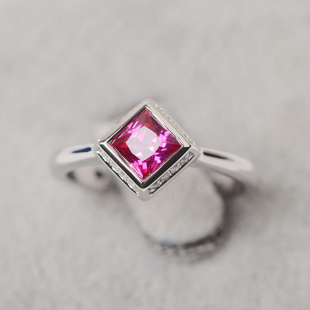 Princess Cut Ruby Halo Bezel Set Ring - LUO Jewelry