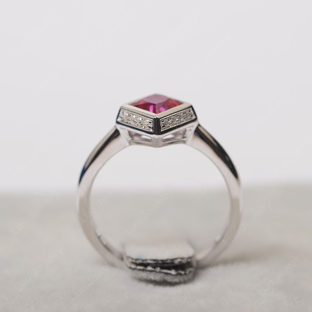 Princess Cut Ruby Halo Bezel Set Ring - LUO Jewelry