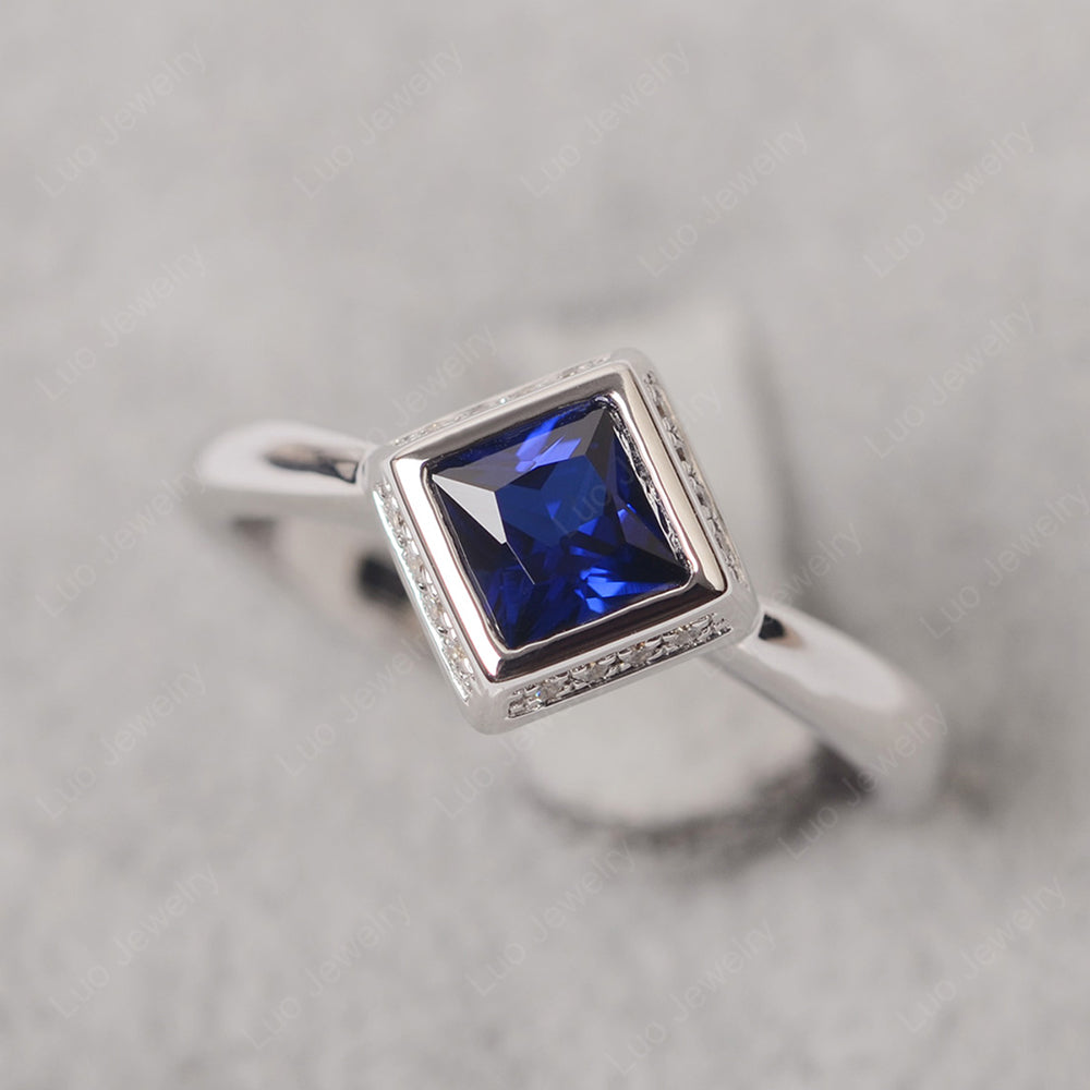 Princess Cut Lab Sapphire Halo Bezel Set Ring - LUO Jewelry