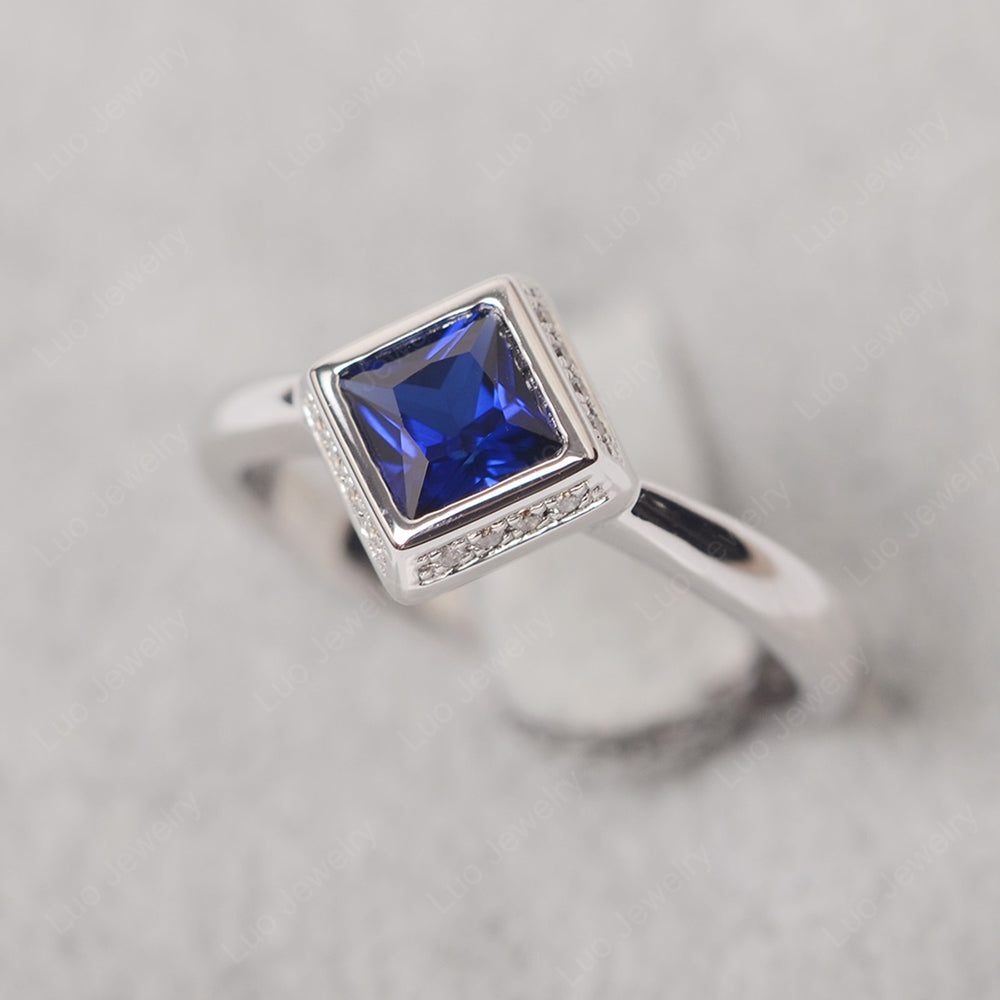 Princess Cut Lab Sapphire Halo Bezel Set Ring - LUO Jewelry