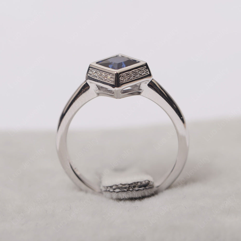 Princess Cut Lab Sapphire Halo Bezel Set Ring - LUO Jewelry