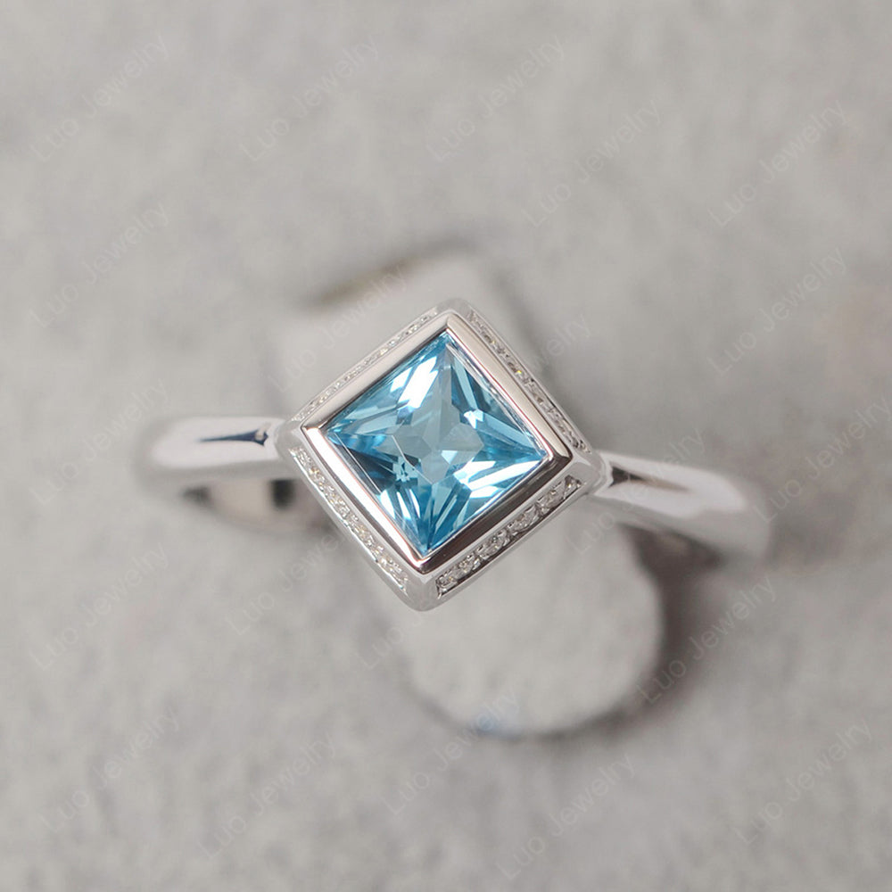 Princess Cut Swiss Blue Topaz Halo Bezel Set Ring - LUO Jewelry