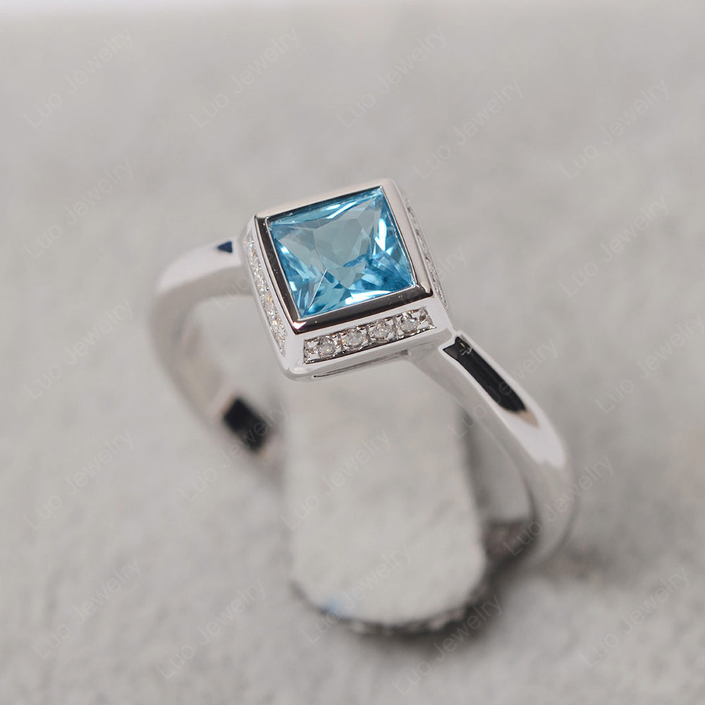 Princess Cut Swiss Blue Topaz Halo Bezel Set Ring - LUO Jewelry