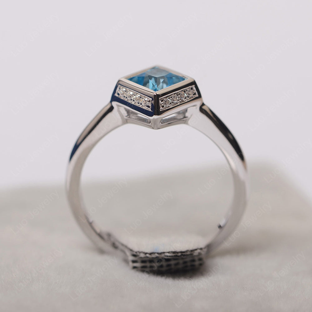 Princess Cut Swiss Blue Topaz Halo Bezel Set Ring - LUO Jewelry