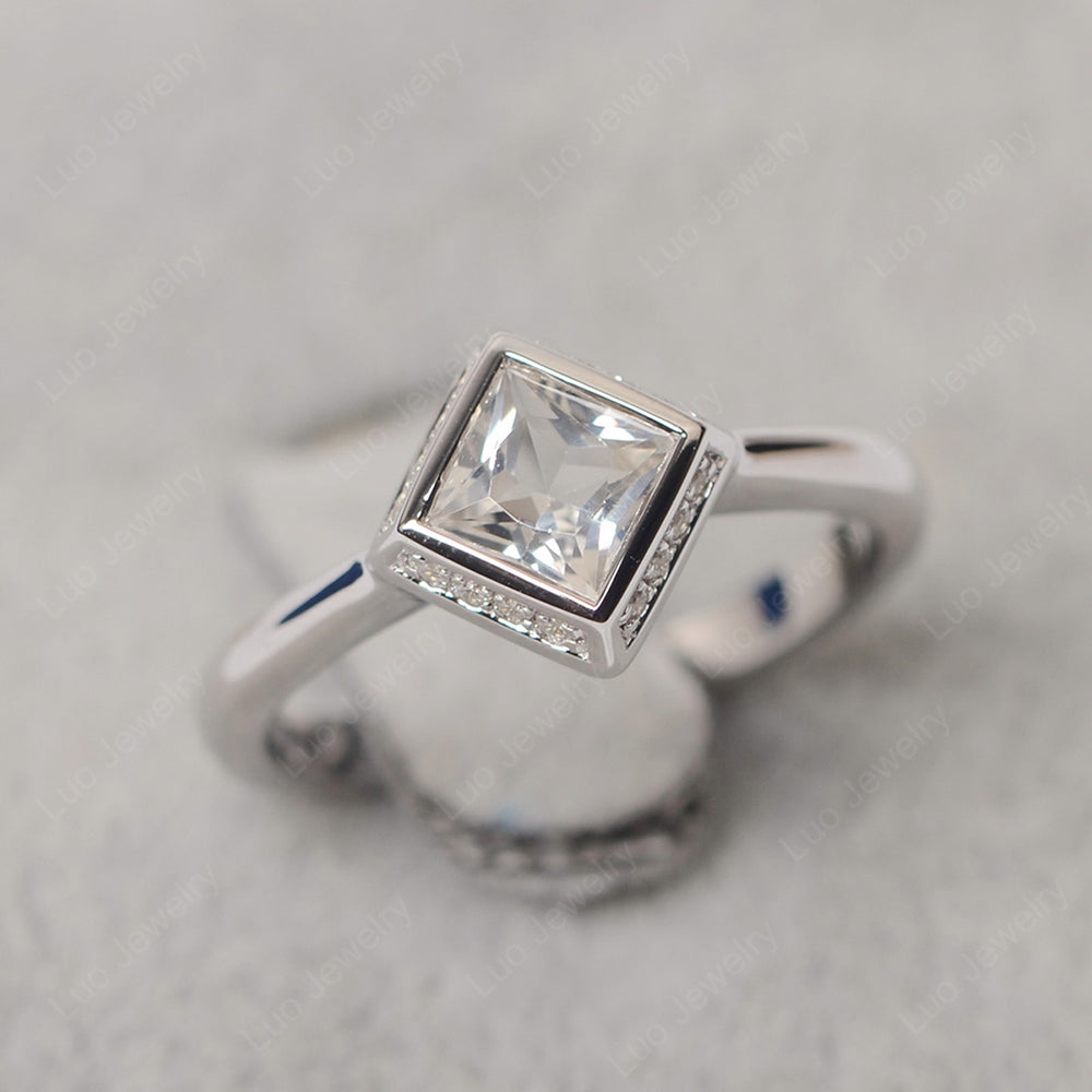 Princess Cut White Topaz Halo Bezel Set Ring - LUO Jewelry