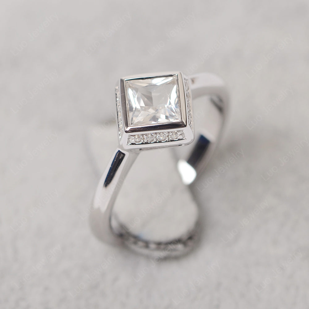 Princess Cut White Topaz Halo Bezel Set Ring - LUO Jewelry