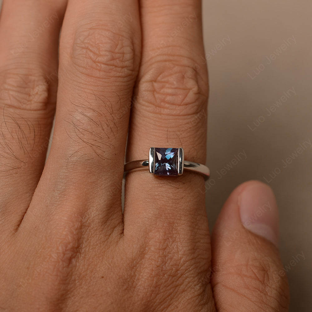 Half Bezel Alexandrite Solitaire Engagement Ring - LUO Jewelry