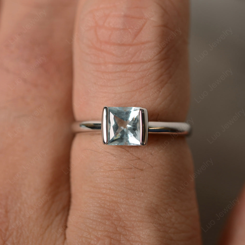 Half Bezel Aquamarine Solitaire Engagement Ring - LUO Jewelry