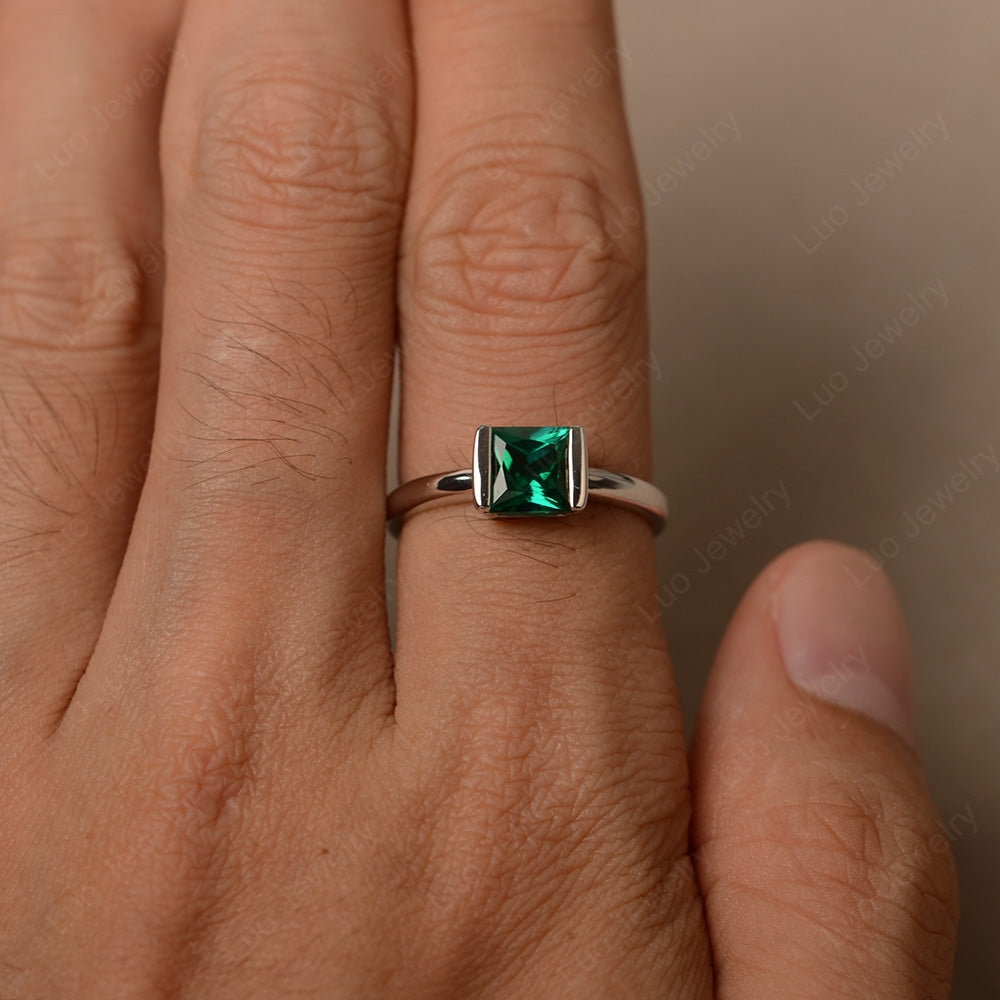Half Bezel Lab Emerald Solitaire Engagement Ring - LUO Jewelry