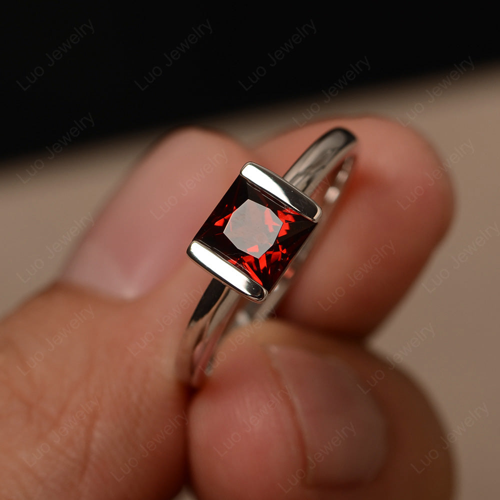 Half Bezel Garnet Solitaire Engagement Ring - LUO Jewelry