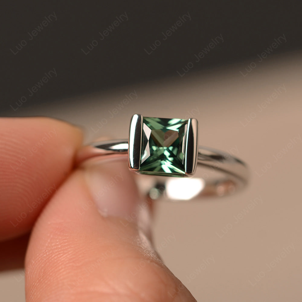 Half Bezel Green Sapphire Solitaire Engagement Ring - LUO Jewelry