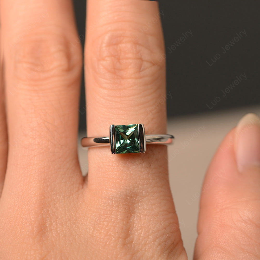 Half Bezel Green Sapphire Solitaire Engagement Ring - LUO Jewelry