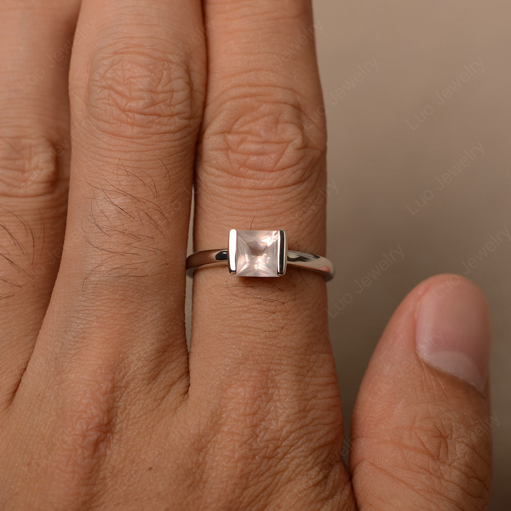 Half Bezel Rose Quartz Solitaire Engagement Ring - LUO Jewelry