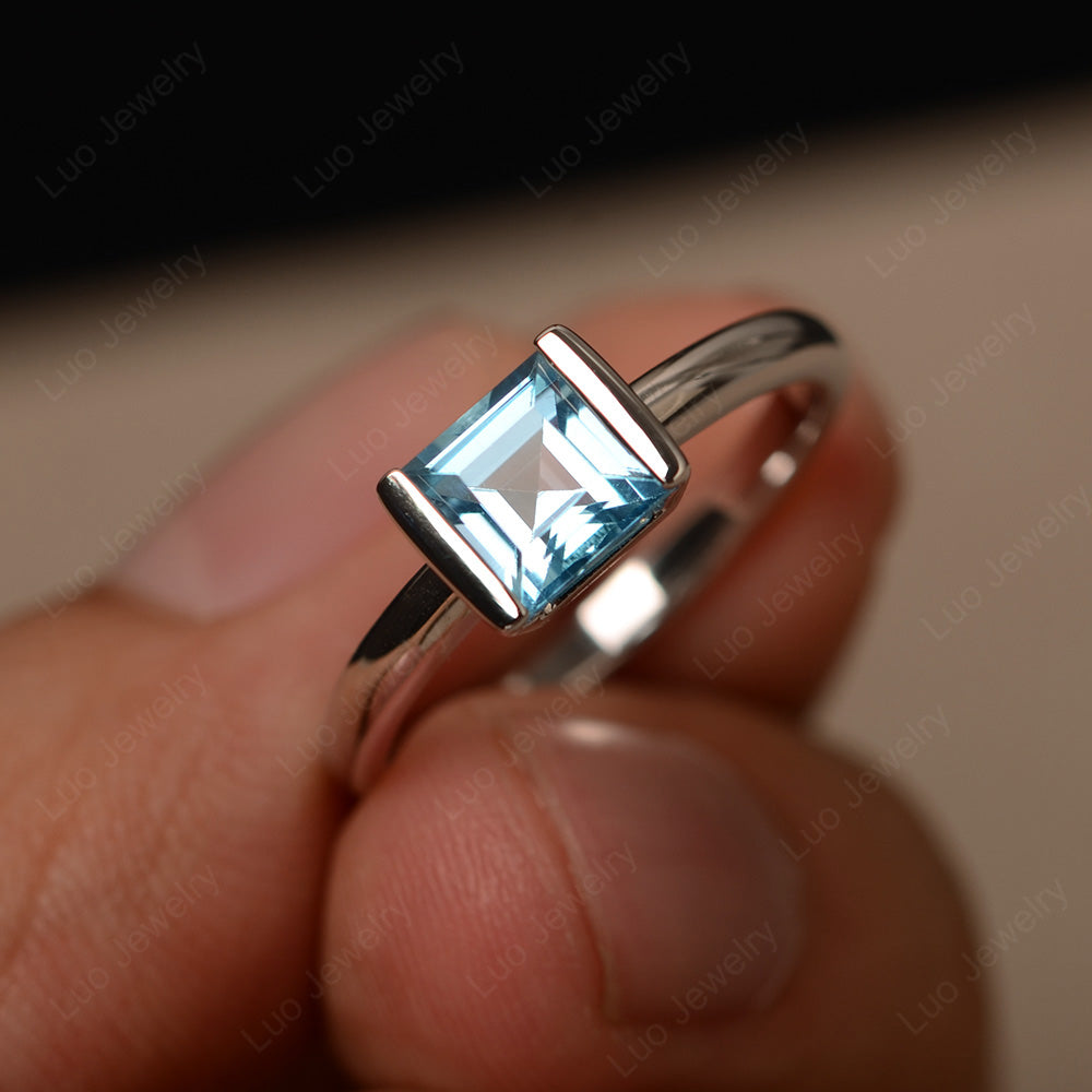 Half Bezel Swiss Blue Topaz Solitaire Engagement Ring - LUO Jewelry
