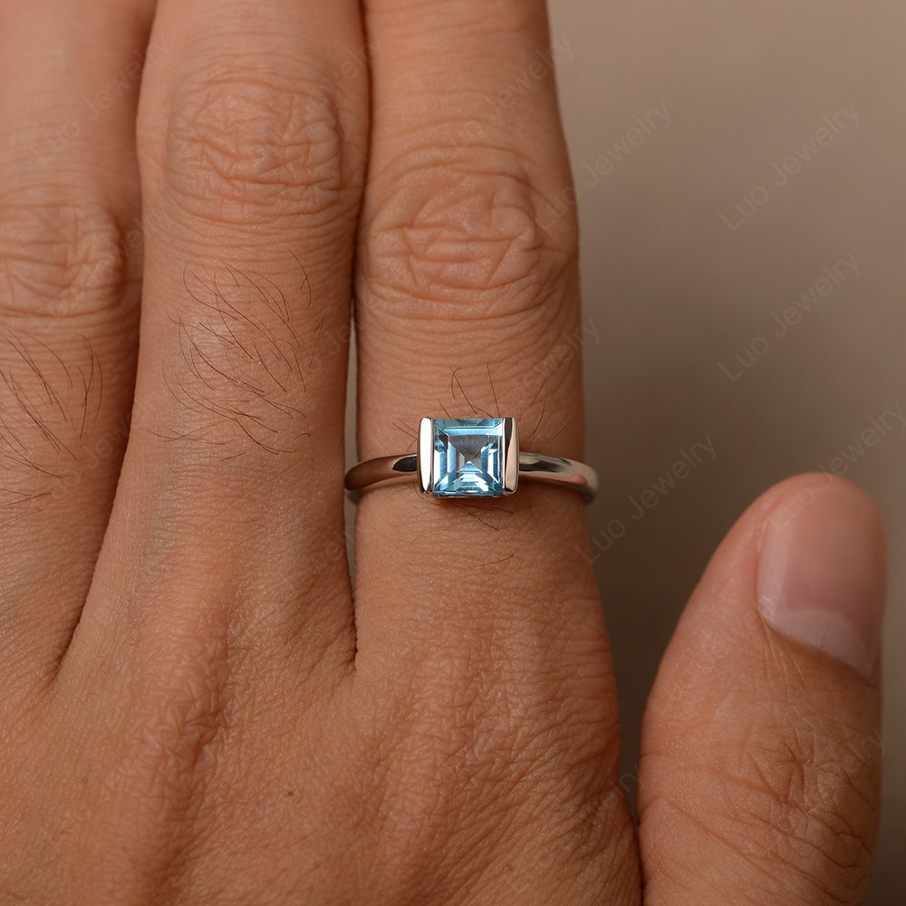 Half Bezel Swiss Blue Topaz Solitaire Engagement Ring - LUO Jewelry