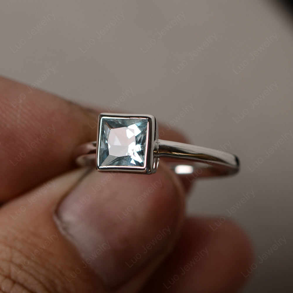 Princess Cut Aquamarine Bezel Set Solitaire Ring - LUO Jewelry