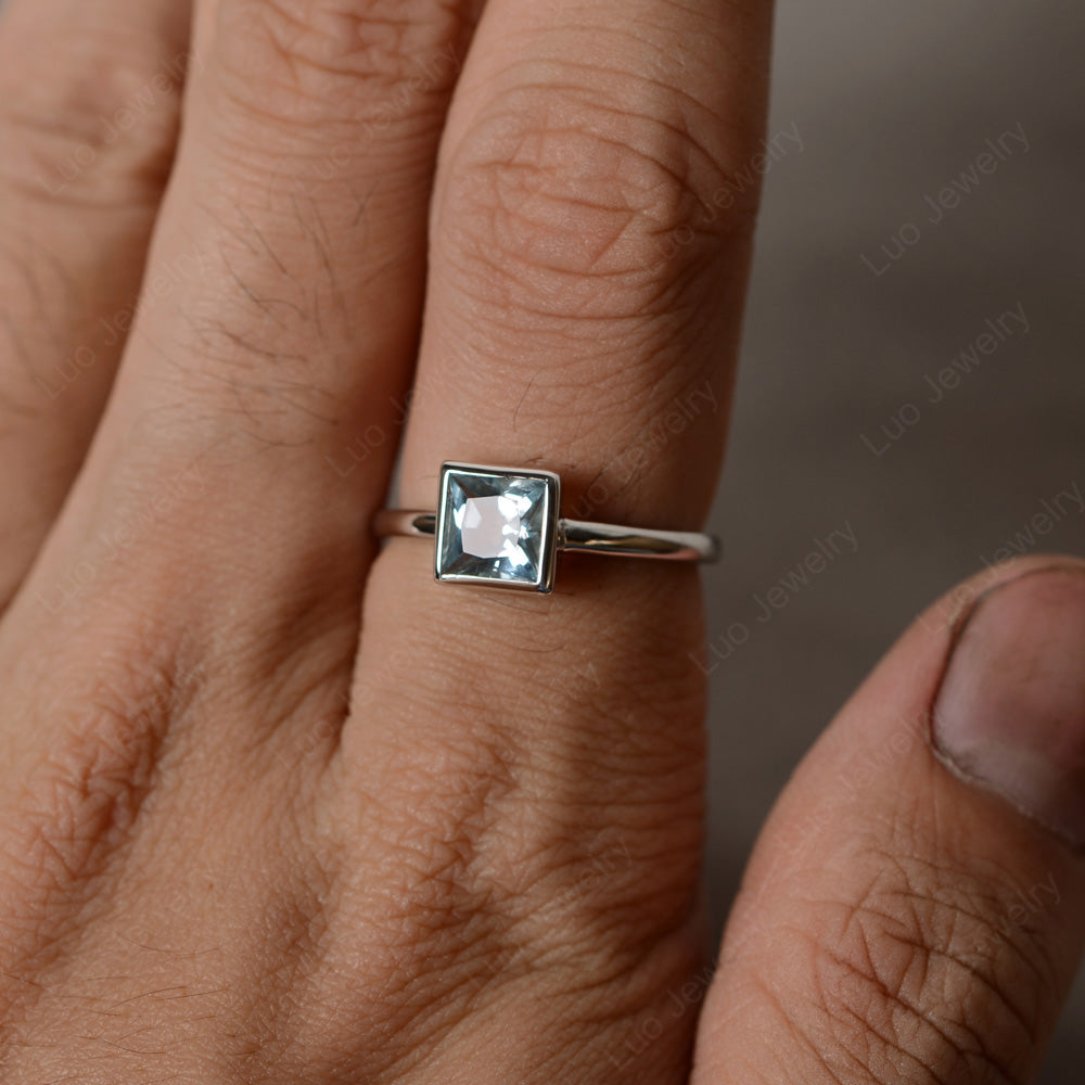 Princess Cut Aquamarine Bezel Set Solitaire Ring - LUO Jewelry